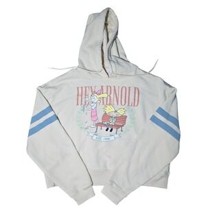 Nickelodeon Hey Arnold Hoodie Women Large Cream Cropped Varsity Stripe‎ Retro